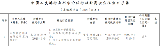 中行嘉兴市分行被罚73.4万元：占压财政存款或者资金等