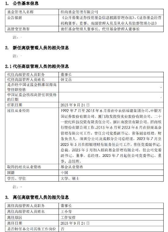 官宣！招商基金高层换帅：总经理钟文岳代任董事长 王小青5年任期规模翻番